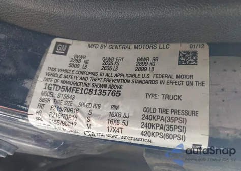 2012 GMC Canyon Sle z USA, uszkodzony, nr VIN 1GTD5MFE1C8135765